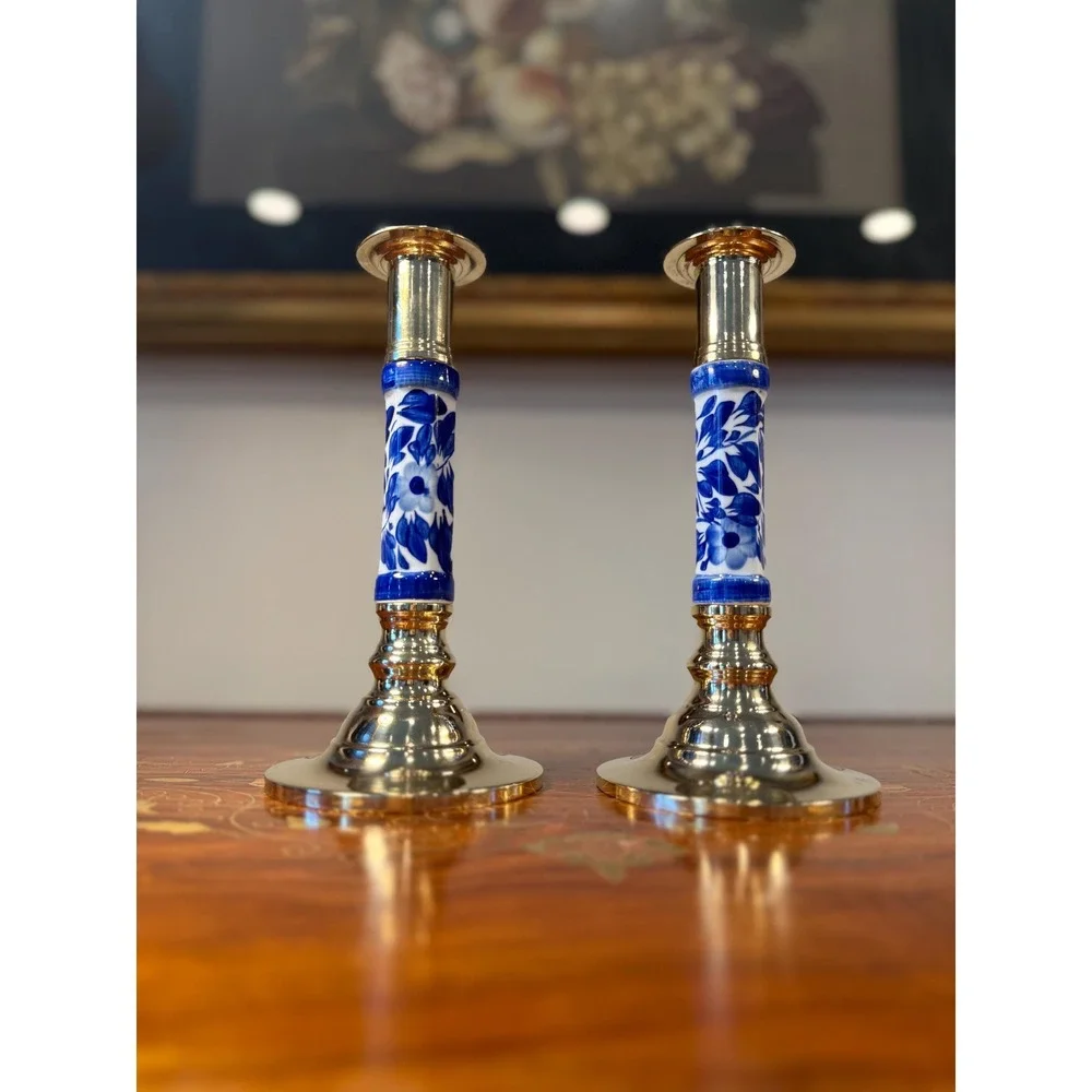 Vintage Blue White Chinoiserie Candlesticks • Brass Candle Holder Pair